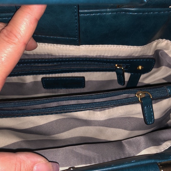 Blue, Gray and black snake skin print with gold handles and shoulder strap. - Picture 2 of 3